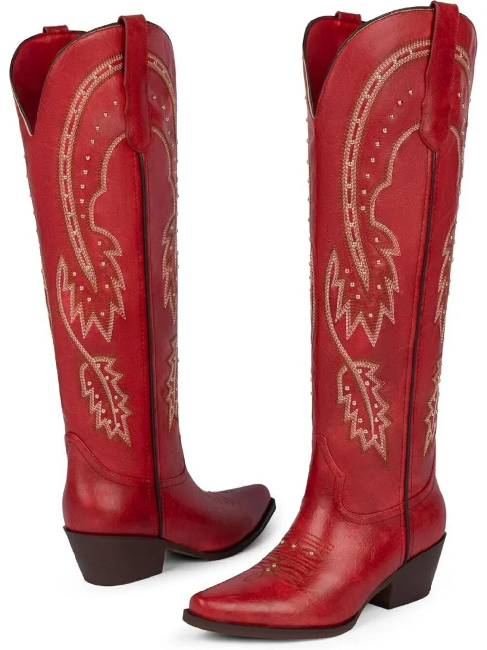 Women's Red Knee High Cowgirl Boots Pointed Toe Slip On Chunky Heel